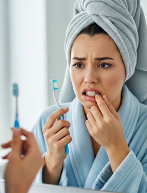 Concerned woman looking at her gums in mirror